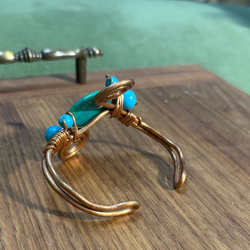 Bohemian and Chic Turquoise and Copper Wire Wrapped Bracelet - Picture 8 of 9